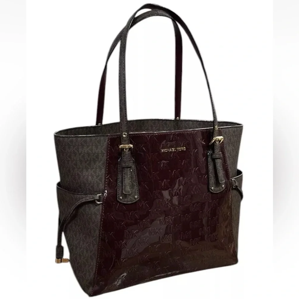 MICHAEL KORS Burgandy Brown Voyager East West Signature Tote Purse Shoulder Bag